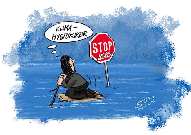 Comic cartoon Ein Mann schwimmt auf einem Holzstück bei Hochwasser an einem "STOP EATING ANIMALS2-Schild vorbei.