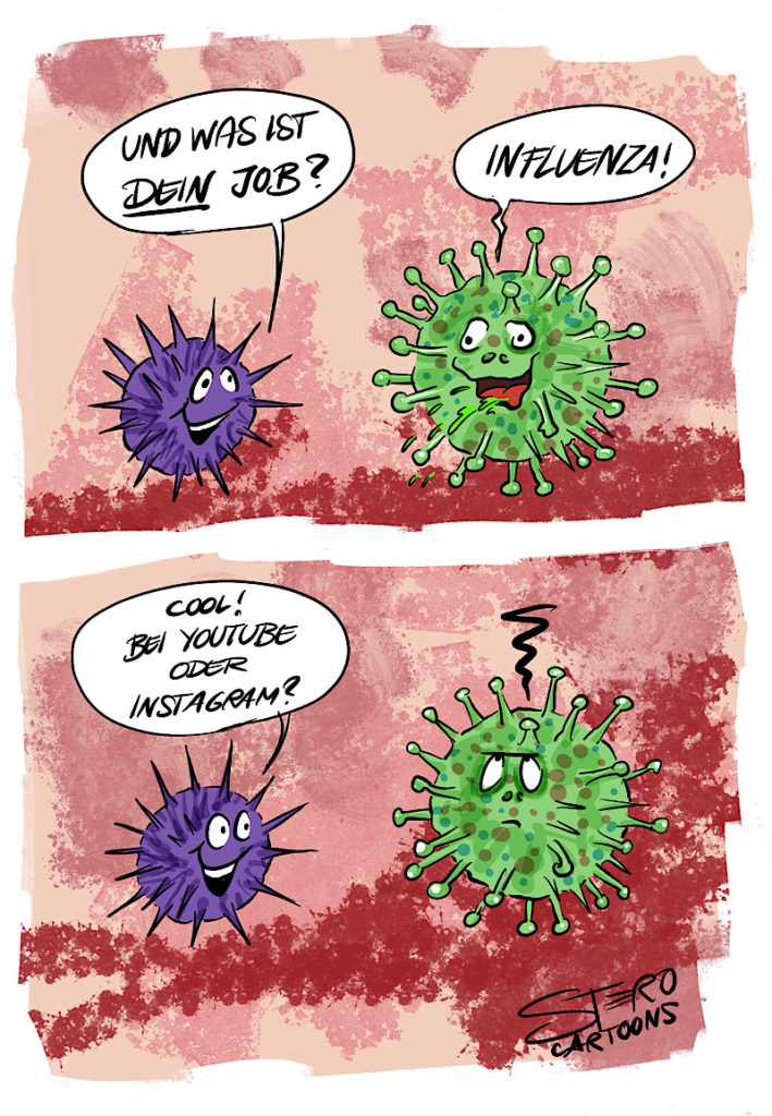 Cartoon Illustration zwei KrankheitsErreger unterhalten sich Influenza über Influencer