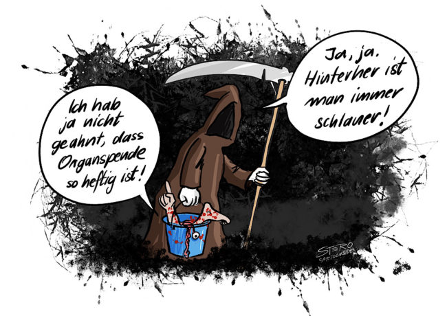 Cartoon Comic: Tod als Sensenmann holt Organspende ab