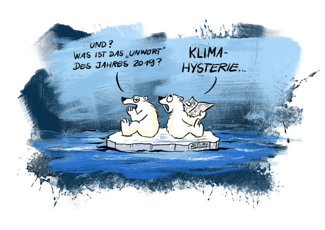 Cartoon-Comic: Zwei Eisären auf einer Eisscholle einsam im Meer reden über das Unwort des Jahres: Klimahysterie