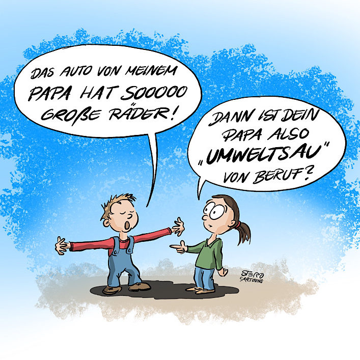 Cartoon-Comic über SUV und Klimawandel: Zwei Kinder sprechen über das Auto des Vaters mit großen Rädern und bezeichnen ihn als Umweltsau.