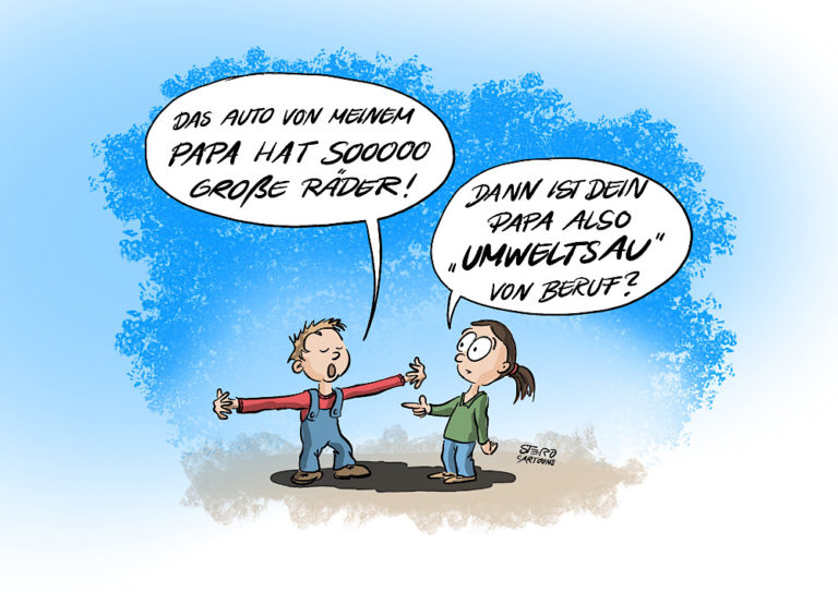 Cartoon-Comic über SUV und Klimawandel: Zwei Kinder sprechen über das Auto des Vaters mit großen Rädern und bezeichnen ihn als Umweltsau.