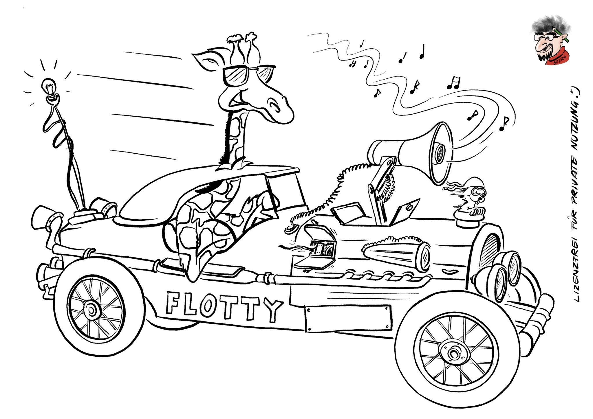 Ausmalbild Oldtimer mit einer witzigen Giraffe