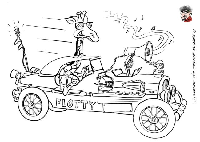 Ausmalbild Oldtimer mit einer witzigen Giraffe die hupend durch die Gegend fährt