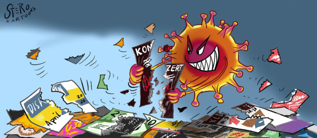 Cartoon comic coronavirus zerreisst veranstaltungsplakate