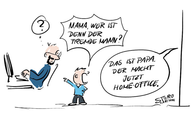 Comic-cartoon-Ein mann sitzt im homeoffice wegen kontaktverbot durch Corona-comic-cartoon