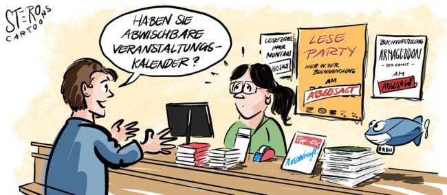 Cartoon: Ein Mann möchte einen abwischbaren Veranstaltungskalender kaufen, wegen Corona-Absagen