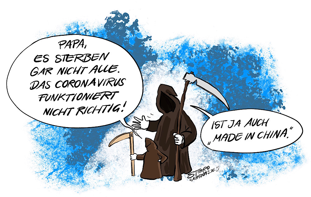 Comic Cartoon - der Tod spricht mit seinem Sohn über den Coronavirus, weil er „made in China“ist.