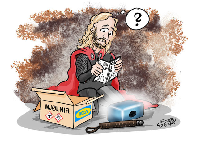 Cartoon comic donnergott thor kniet vor einem ikeabausatz seines hammers mjölnir