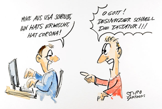 Cartoon-Comic-Tastaturdesinfizieren um Coronaübertragung per Mail zu vermeiden.