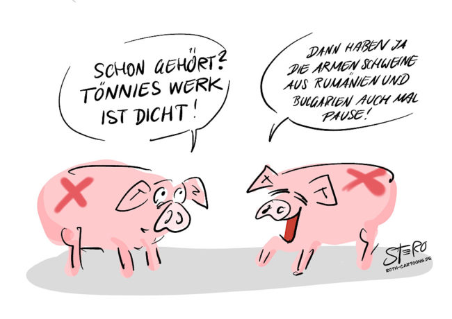 Zwei Schweine unterhalten sich. Cartoon-comic-corona bei toennies