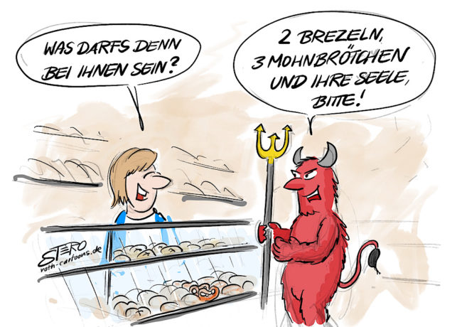 Cartoon-comic-teufel will seele in bäckerei