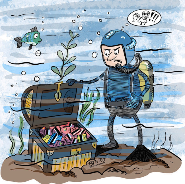 Comic-cartoon-bargeldverbot-giralgeld-kartenzahlung-taucher-schatz-diver-cash
