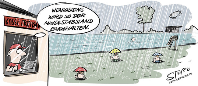 Cartoon-Comic: Coronapandemie im Freibad