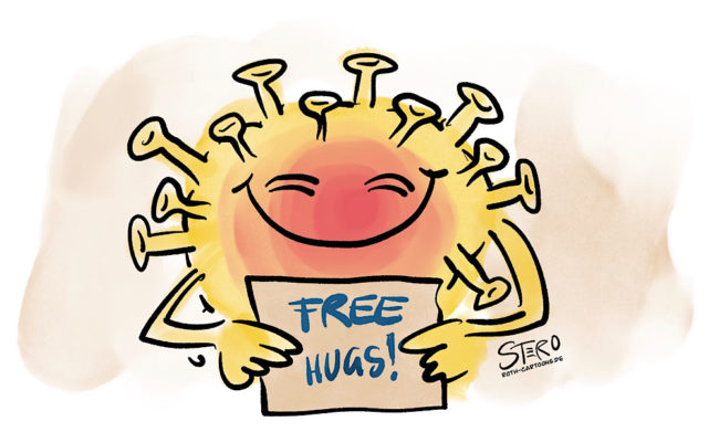 Cartoon_comic: coronavirus mit schild „free hugs“