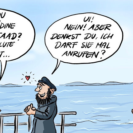 Cartoon-Comic-Karikatur: ein Segler erzählt einem befreundeten Seemann begeistert von der Lädine. Dieser meint irrtümlich es handelt sich um eine hübsche frau und möchte sie gerne anrufen und daten. Die Lädine ist ein historischer Lastensegler, der nur vor dem Wind Segeln kann. Bei flaute wird gerudert oder gestakt.