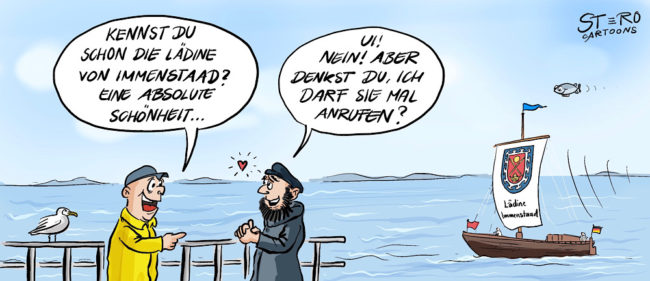 Cartoon-Comic-Karikatur: ein Segler erzählt einem befreundeten Seemann begeistert von der Lädine. Dieser meint irrtümlich es handelt sich um eine hübsche frau und möchte sie gerne anrufen und daten. Die Lädine ist ein historischer Lastensegler, der nur vor dem Wind Segeln kann. Bei flaute wird gerudert oder gestakt.