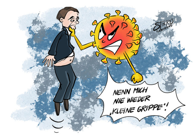 Cartoon-Comic: Der Coronavirus packt JAir Bolsonaro am Kragen. Jair Bolsonaro hat Corona