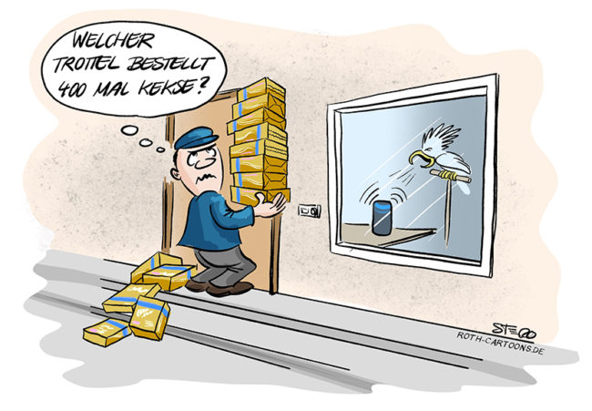 comic-cartoon-bild: Ein Postbote bringt viele Packungen Kekse, die Online über Alexa bestellt wurden. Er fragt sich, wer soviele Kekse bestellt. Hinter dem Fenster sitzt ein Papagei und bestellt fröhlich über Alexa