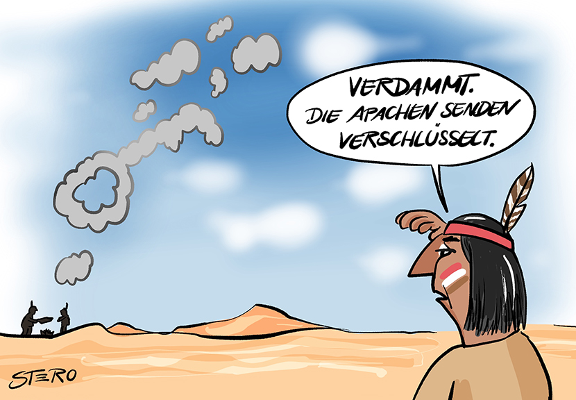 Cartoon-Comic-Bild: Ein Indianer beobachtet Rauchzeichen eines gegnerischen Indianerstamms. Doch sie senden aufgrund der DSGVO verschlüsselt.