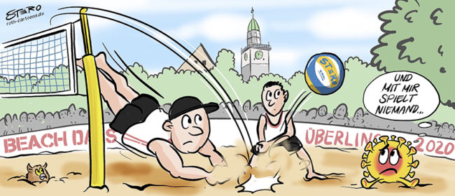 Cartoon-Comic-Karikatur: Beachvolleyball in coronazeiten. Der Coronavirus sitzt daneben und schaut traurig, weil keiner mit ihm spielen will.