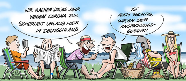 Cartoon-Comic: Zwei Camper sitzen ohne Mundschutz und Maske auf einem völlig überfüllten Campingplatz wegen Corona