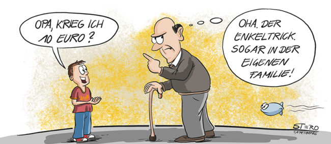 Bild-Comic-Cartoon: Ein Kind bittet Opa um Geld. Er denkt. Enkeltrick, sogar schon in der eigenen Familie.