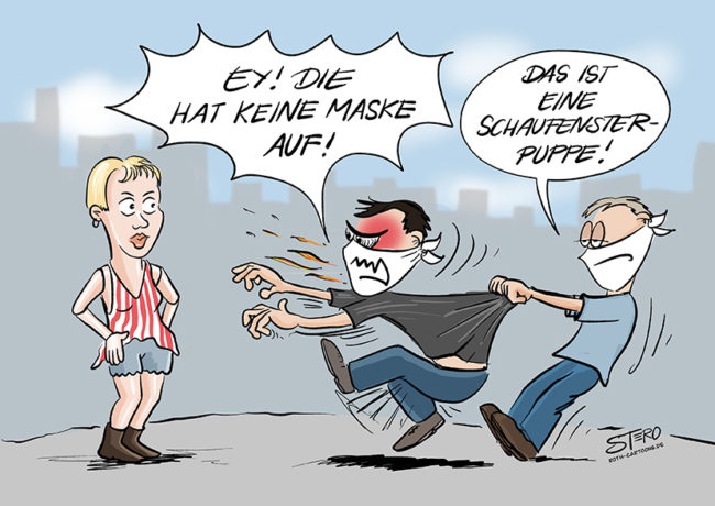 Bild-Comic-Cartoon: Ein Mann dreht durch, weil jemand anderes keine Corona Maske trägt und ein Maskenmuffel ist. Sein Freund weist ihn darauf hin, dass es eine Schaufensterpuppe ist. BildNr: 988
