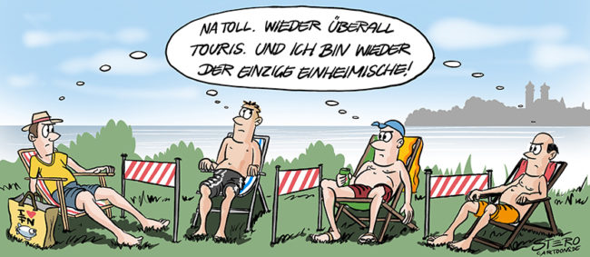 Cartoon-Comic-Karikatur: Mehrere Männer in Badekleidung sitzen im Liegestuhl und denken der jeweils andere ist der Tourist.