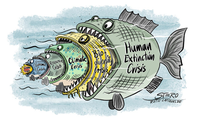 fish eats fish. Ein Cartoon bei dem ein Fisch den anderen Frisst. Nach der Coronakrise könnte kommen die Wirtschaftskrise, danasch die Ressourcenkrise, dann die Klimakrise, dann der Verlust der Biodiversität die dann im Aussterben der menschlichen Rasse mündet (humen extinction).