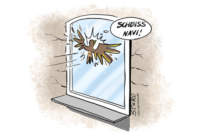 Cartoon-Comic zum Vogelschutz: Ein Vogel fliegt gegen eine Fensterscheibe und denkt: Scheiss Navi"!
