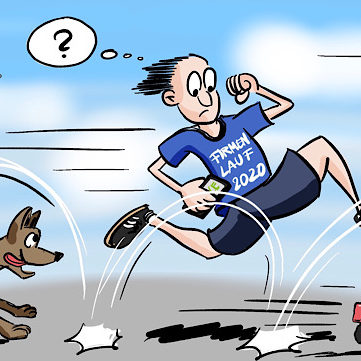Cartoon-Comic-Bild: Ein Sportler läuft meim digitalen Firmenlauf 2020 mit, bei dem man seine Ergebnisse via App und handy festhält und verschickt. Er wird überholt von einem ferngesteuerten auto, einem Hund und einer Drohne, die ein Handy angebunden haben. Die Besitzer sind zu faulzum selber laufen.