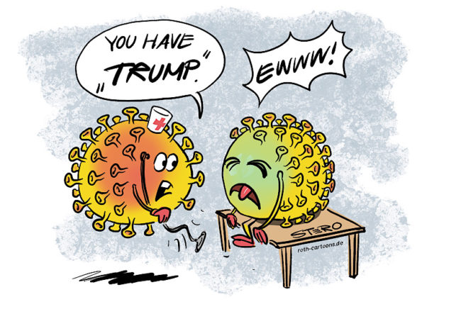 Cartoon-Comic-Bild zur Coronaerkrankung von Trump. Coronavirus beim Arzt: Sie haben Trump! Trump covid19 disease: Coronavirus at the Doctor. You have Trump, said the Doctor.