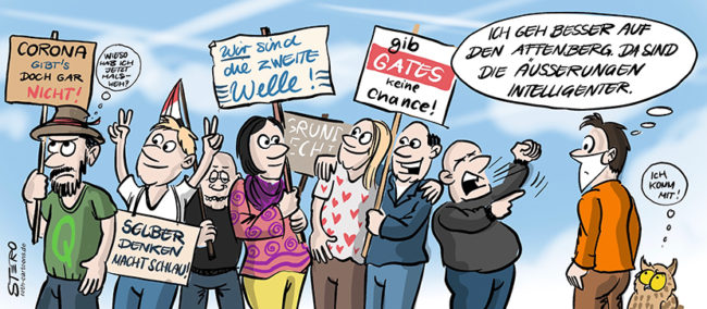 Cartoon-Comic: Coronademo mit Coronaleugnern ohne Mundschutz und Maske mit Nazi