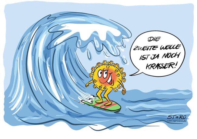 CArtoon Comic zur zweiten CoronaWelle. Ein Coronavirus als Wellensurfer, der sich über die zweite Welle freut.