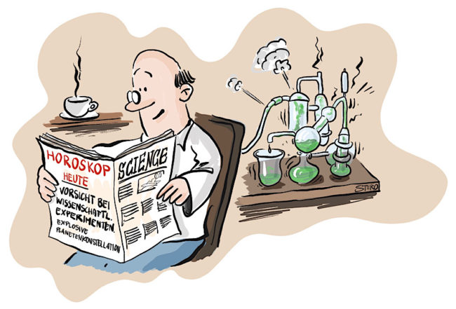 Cartoon-Comic zu Horoskop. Ein Mann, der Wissenschaftler ist, liest in seinem Horoskop“ Heute Vorsicht bei Experimenten.“ Und hinter ihm kollabiert gerade sein Experiment.