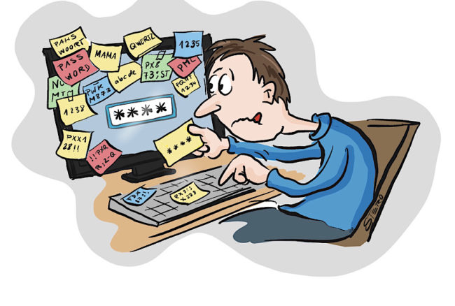 Cartoon-Comic zu Passwort. Ein Mann sitzt vor seinem Computer, dessen Bildschirm mit Postits und Notizzetteln zugeklebt ist und gibt das Passwort **** ein.