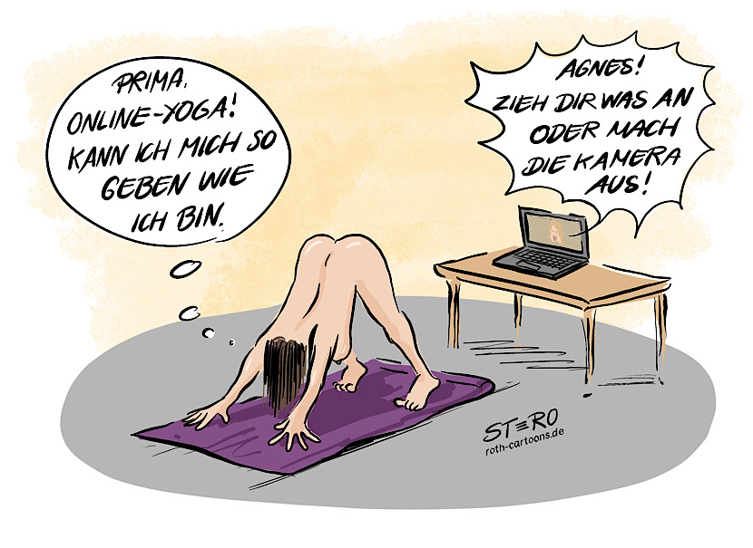 Cartoon-Comic: Eine Frau macht nackt Online-Yoga und hat aus Versehen vergessen die Kamera auszumachen. Sie macht die Asana der „herabschauende Hund “