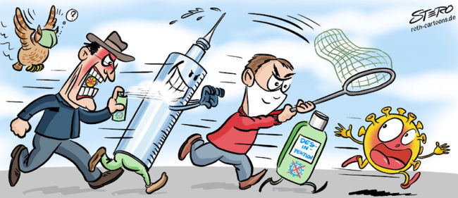 Cartoon Comic zu corona und Fasnacht Fasnet Karneval. Der Coronavirus wird von Menschen in Fas achtskostümen gejagt. Eine Impfspritze, Desinfektionsmittel, und ein einem Kescher schlagen ihn in die Flucht.