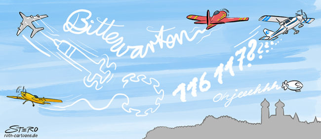 Cartoon-Comic zur Impfstrategie der Bundesregierung. Dargestellt durch Flugzeuge, die Symbole oder Texte durch Kondensstreifen an den Himmel schreiben. 116117, die Nummer gegen Coronakummer und Bitte warten...