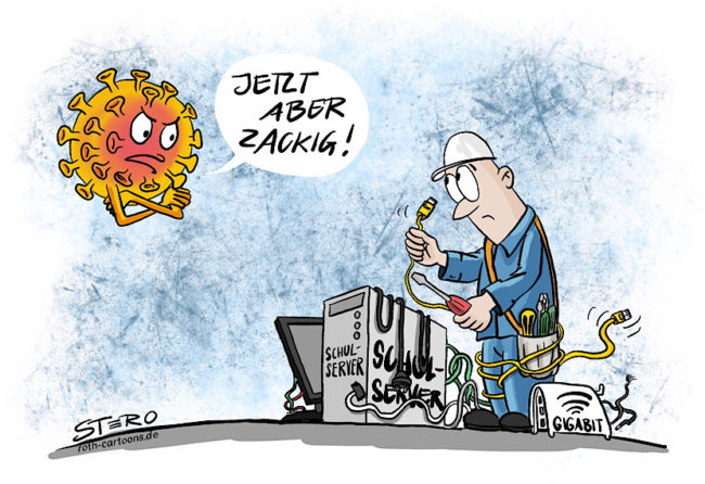 Cartoon zu Digitalierung des Lernens wegen der Coronapandemie:Ein Techniker versucht ein Netzwerk mit einem Schulserver in Betrieb zu nehmen.