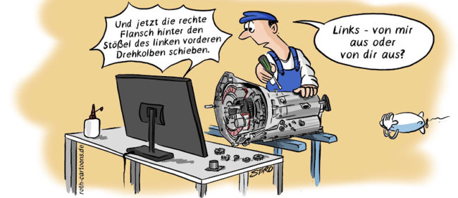 Cartoon zu Homeoffice wegen Corona. Ein Mann schraubt mithilfe von Homeschooling an einem Motor. von mir aus links oder von dir aus links?