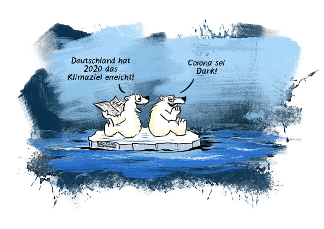 Cartoon zum Klimawandel: Deutschland hat aufgrund der Coronabeschränkungen und des Lockddowns das Klimaziel erreicht. Zwei Eisbären reden darüber auf einer Eisscholle.