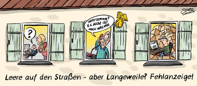 Cartoon: Blick in Wohnungen: Ein Kind mit Mutter beim homeschooling, ein Opa der versucht einen Impftermin zu bekommen und ein Junge, der übers Internet bei amazon einkauft.