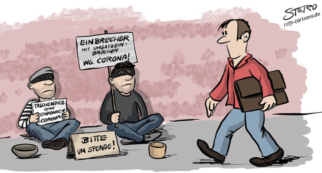 Cartoon zur Kriminalstatistik während Coronapandemie. Ein Taschendieb und ein Einbrecher sitzen ohne Job und Arbeit auf dem Boden und Betteln, weil sie seit Corona nicht mehr einnehmen. Da die Leute ständig zuhause sind oder wegen Social Distancing auf Abstand gehen.