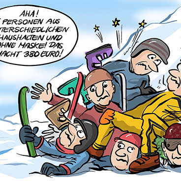 Cartoon-Comic zur Ausgangs und Kontaktsperre: Es dürfen sich nur zwei Personen aus unterschiedlichen Haushalten treffen. Auf einem Skiberg rasseln sechs Skifahrer in einander. Eindeutig ein Coronaverstoß!