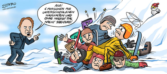 Cartoon-Comic zur Ausgangs und Kontaktsperre: Es dürfen sich nur zwei Personen aus unterschiedlichen Haushalten treffen. Auf einem Skiberg rasseln sechs Skifahrer in einander. Eindeutig ein Coronaverstoß!