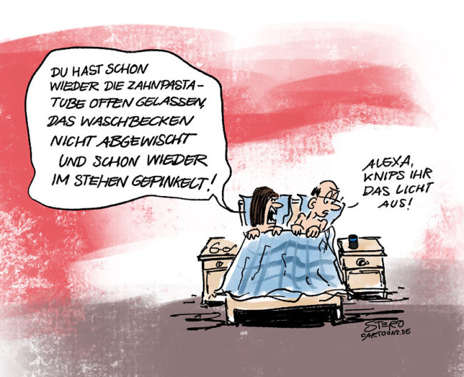 Cartoon Comic zur Sprachsteuerung per Alexa oder Siri. Eine Frau meckert abends im Bett ihren Ehemann an. Er sagt genervt zu Alexa: Alexa knips ihr das Licht aus.