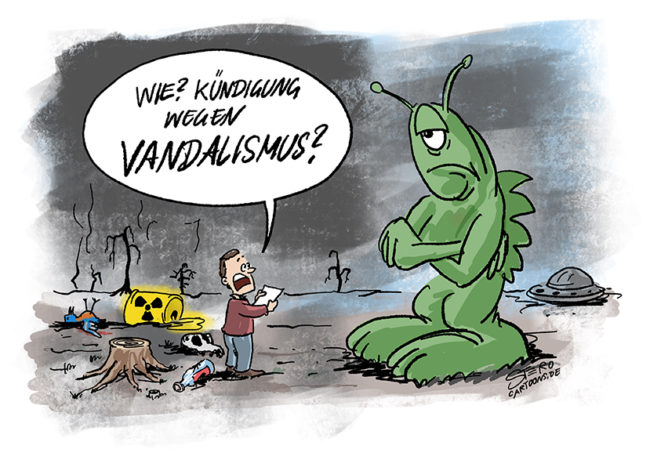 Cartoon zu Klimawandel und Umweltzerstörung. Die Menschheit erhält die Kündung wegen Vandalismus von einem Alien Außerirdischen.