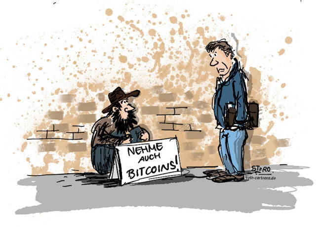 Cartoon zu Bitcoins, Comic zu Bitcoins: Ein Bettler auf der Straße hat ein Schild vor sich: Nehme auch Bitcoins!